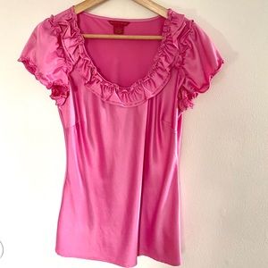Vintage Pink Satin Ruffle U-NeckShirt